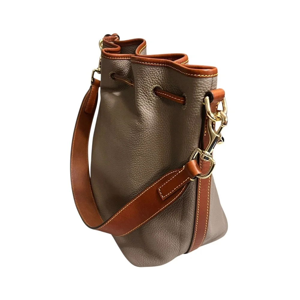 Dooney & Bourke Pebble Grain Small Drawstring Bag Grey Tan Leather Trim Shoulder